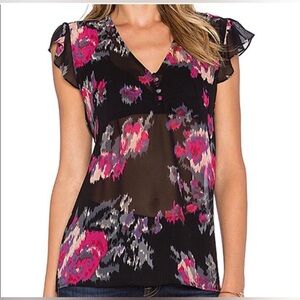 Joie Ikat Watercolor Black Floral Print Top Size Large